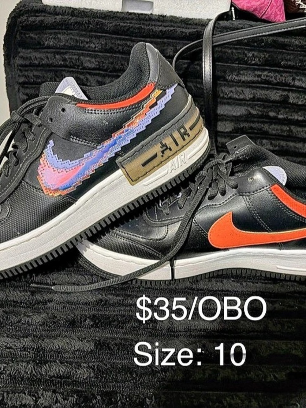 Nike Air Force 1 Shadow SE Pixel Swoosh Off Noir Sneakers Black & Orange US 10